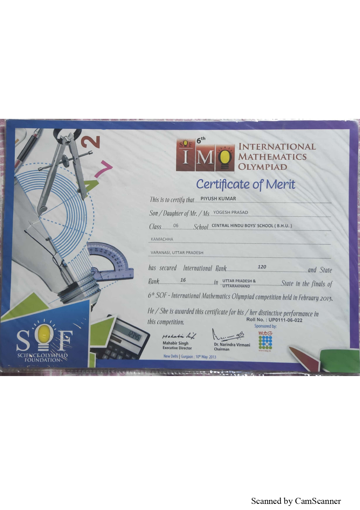 International Mathematics Olympiad certificate, Class 6th